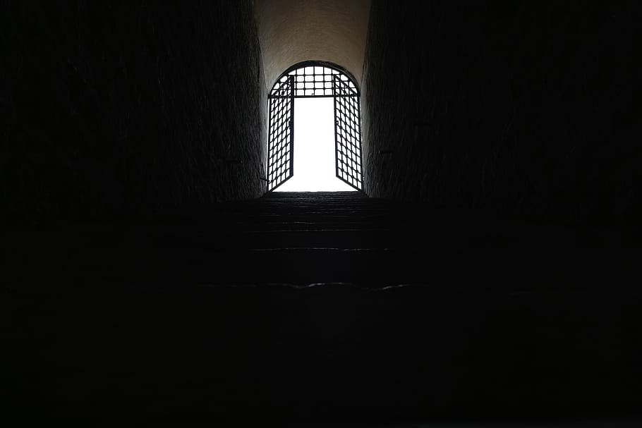light through opened window in dark room, gray, steel, gate, old