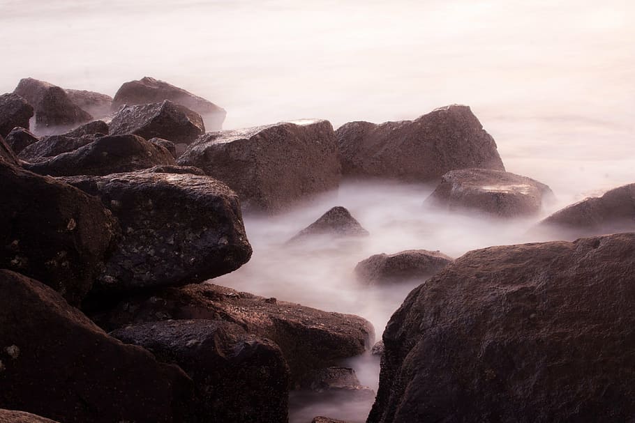 rocks, waves, sea, ocean, water, stones, rock - object, solid HD wallpaper