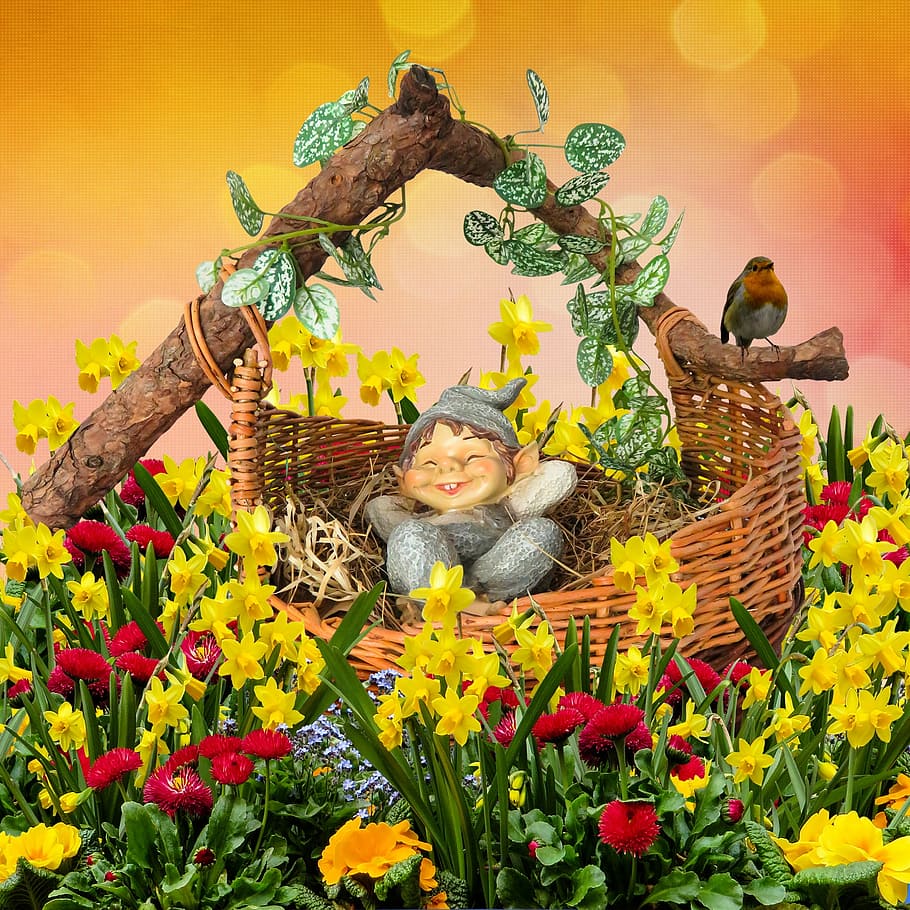 dwarf on basket field with flower illustration, fantasy, spring, HD wallpaper