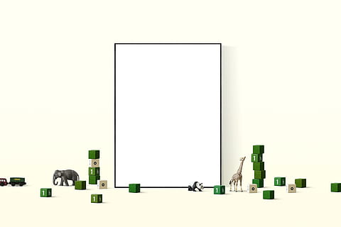 white board with small green cubes, poster mockup, frame, template HD wallpaper