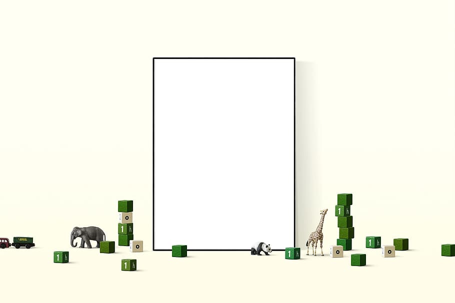 white board with small green cubes, poster mockup, frame, template HD wallpaper