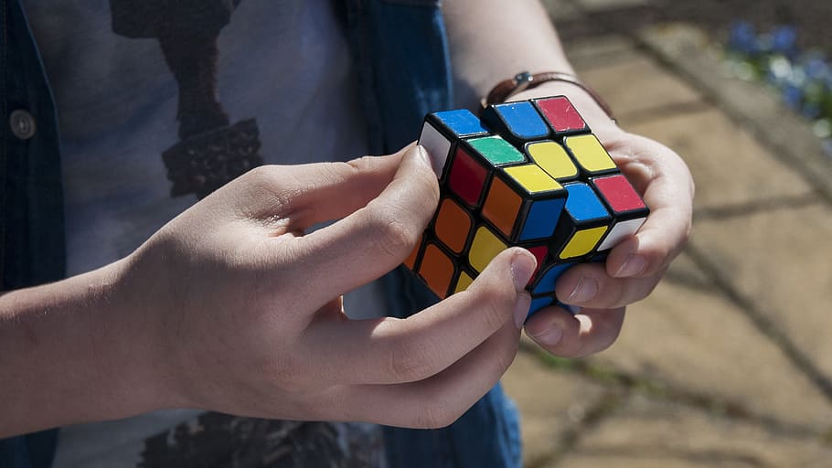 Cube, Rubik, Boy, Puzzle, Finger, Youth, hand, young, multi colored HD wallpaper
