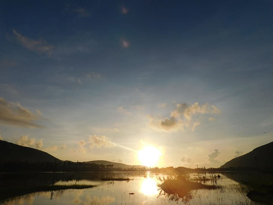 sunrise, hills, water, sky, scenics - nature, sunset, beauty in nature HD wallpaper
