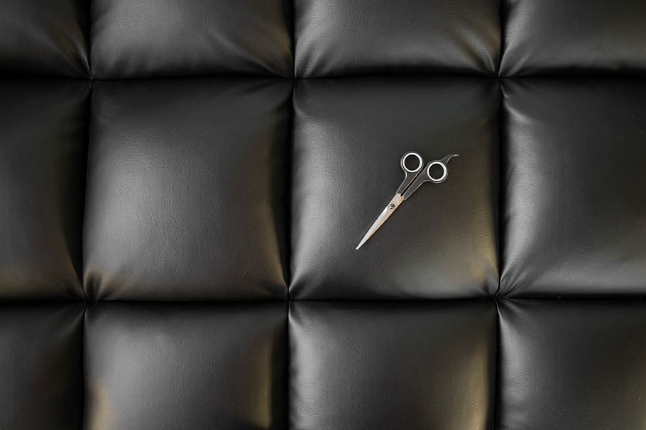 gray metal scissors on black leather pad, stainless steel scissors HD wallpaper