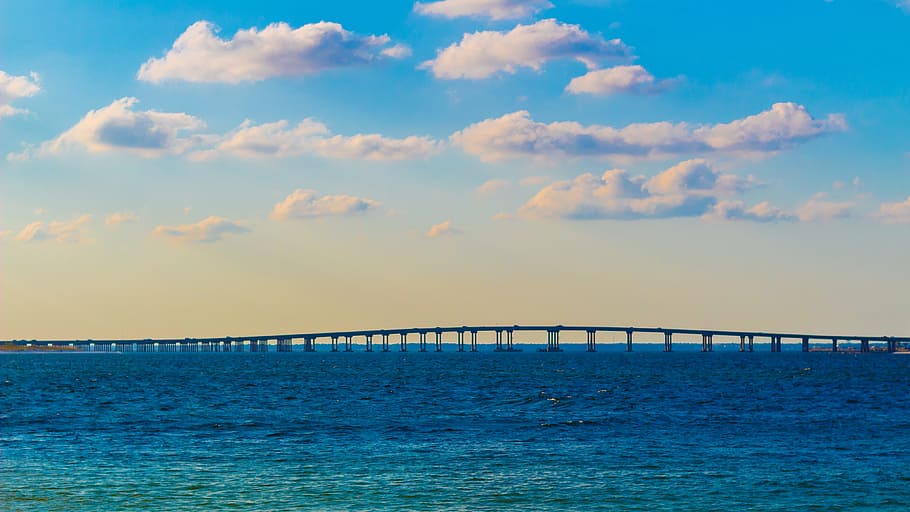 clouds, sunshine, bridge, ocean, landscape, sky, cloudscape HD wallpaper