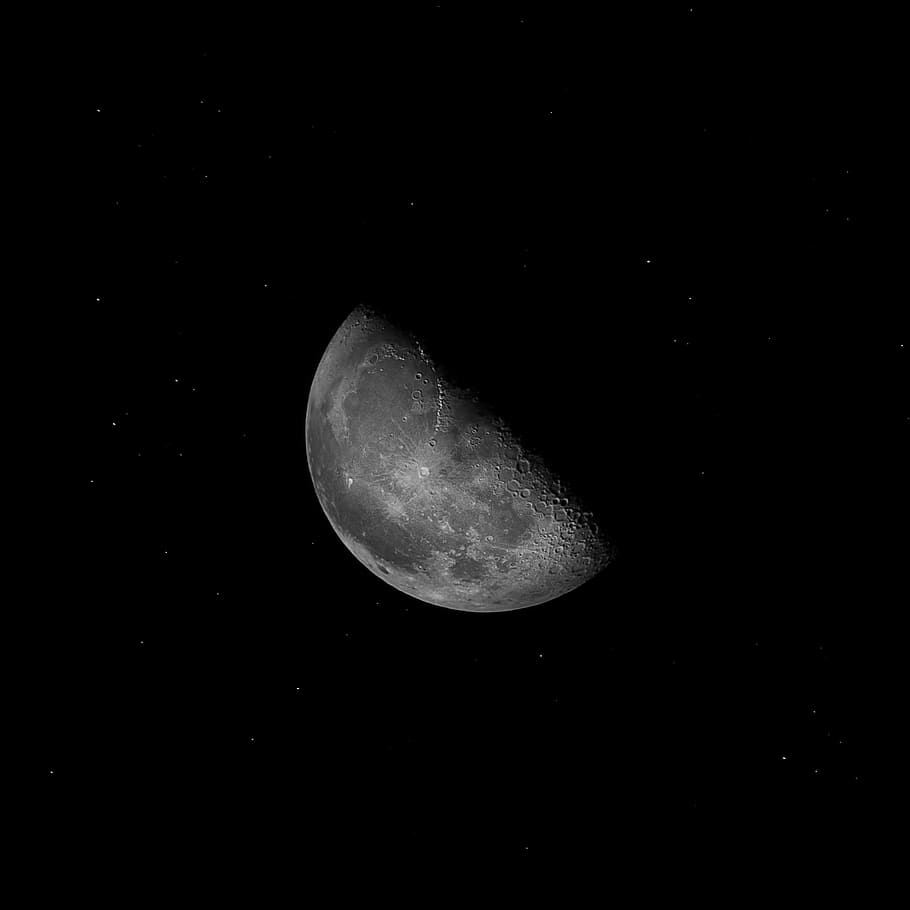 gray planet, moon digital wallpaper, night, crater, dark, half moon