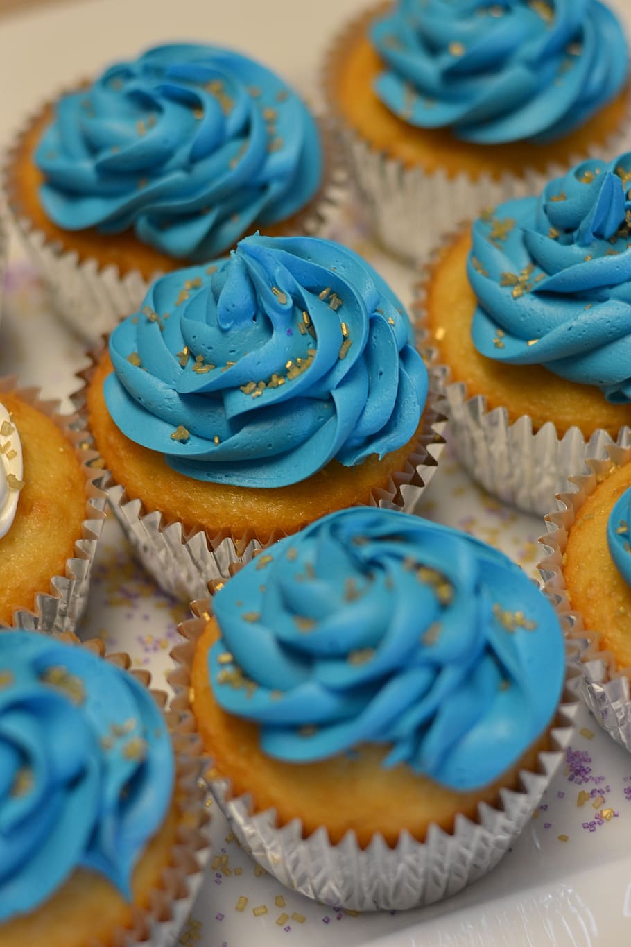 shift-tilt photography of cupcakes with blue icings, dessert HD wallpaper