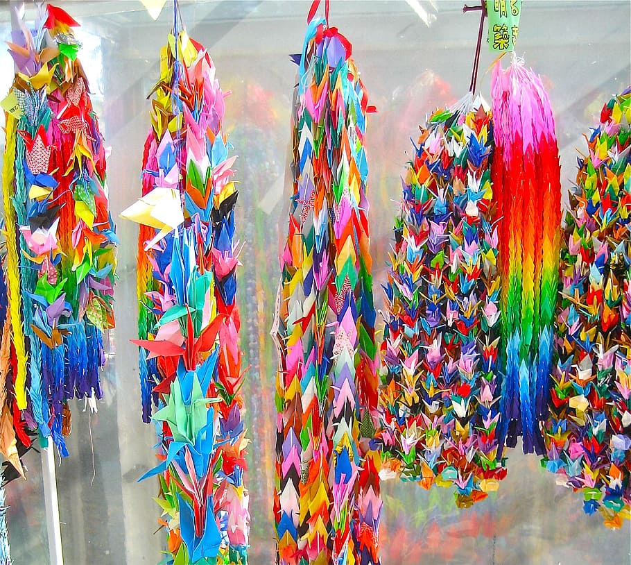 origami, hiroshima, cranes, multi colored, hanging, for sale HD wallpaper