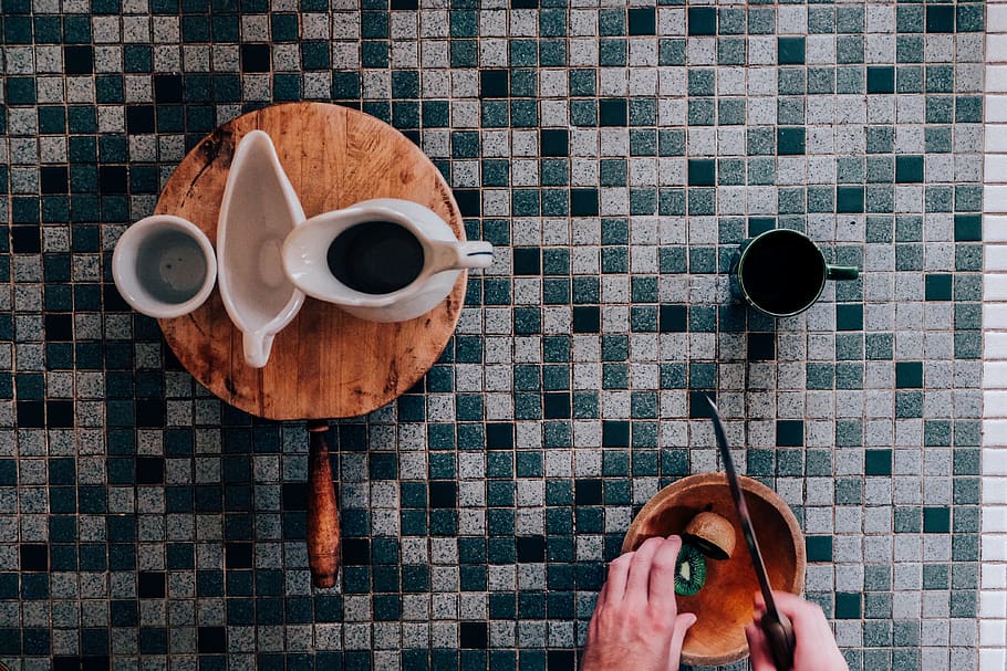 knife, tiles, table, coffee, tea, mug, cup, fruit, food and drink HD wallpaper