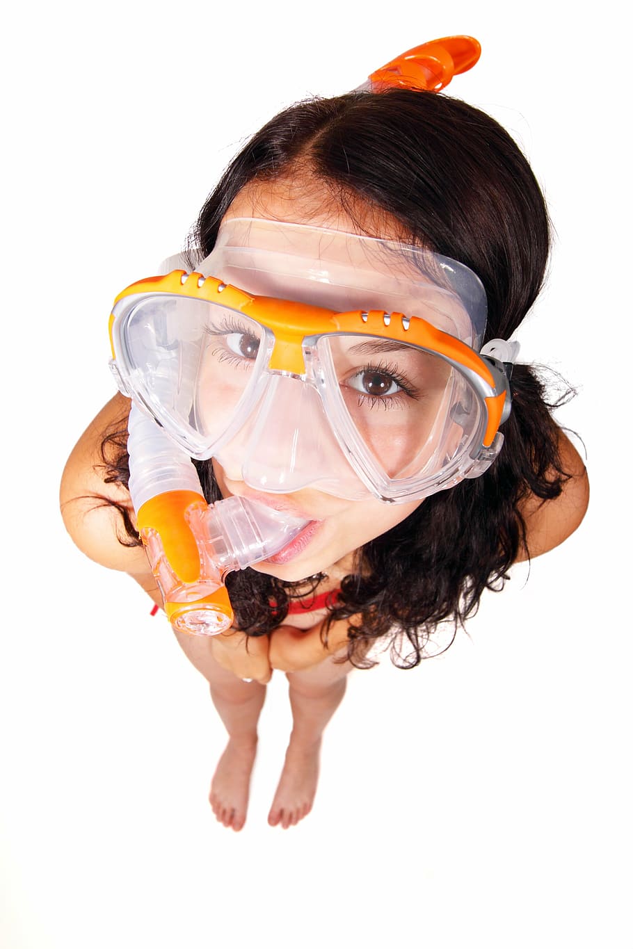 clear plastic and orange snorkle, cute, dive, fun, goggles HD wallpaper