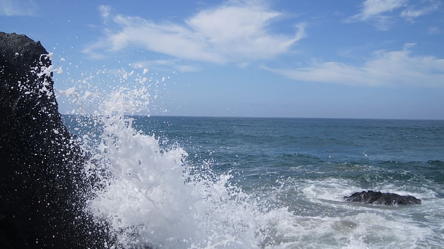 stone, sky, blue sky, clouds, waves, rocking waves, splash HD wallpaper
