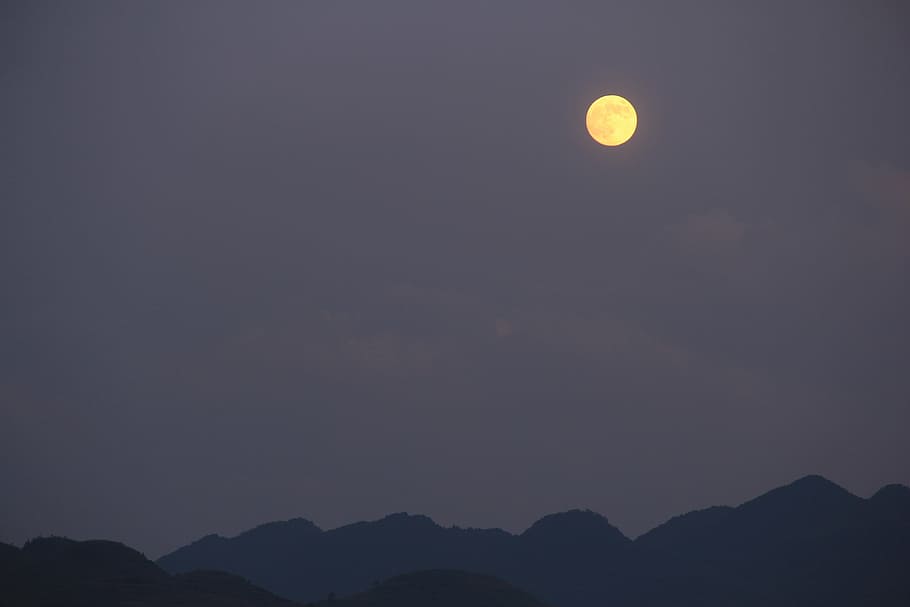 mountain view under cloudy sky and moon, guizhou, mid-autumn festival, HD wallpaper