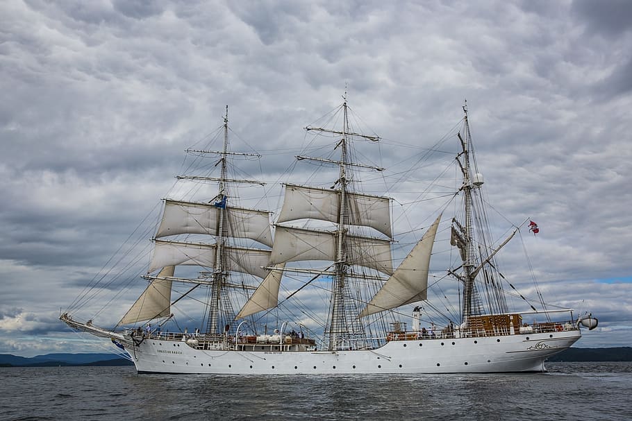 ship, sail, people, clouds, sky, ocean, sea, travel, nautical vessel HD wallpaper