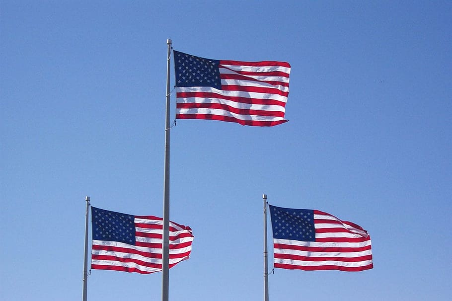 flags, patriotic, usa, wind, blowing, blue, sky, patriotism HD wallpaper