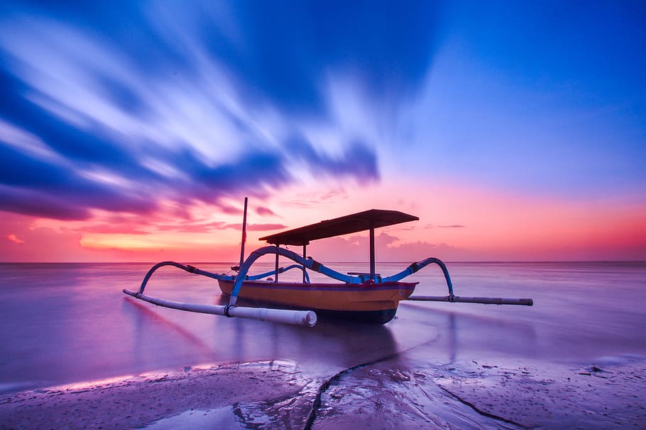 Brown Blue and White Wooden Boat during Orange Sunset, beach HD wallpaper