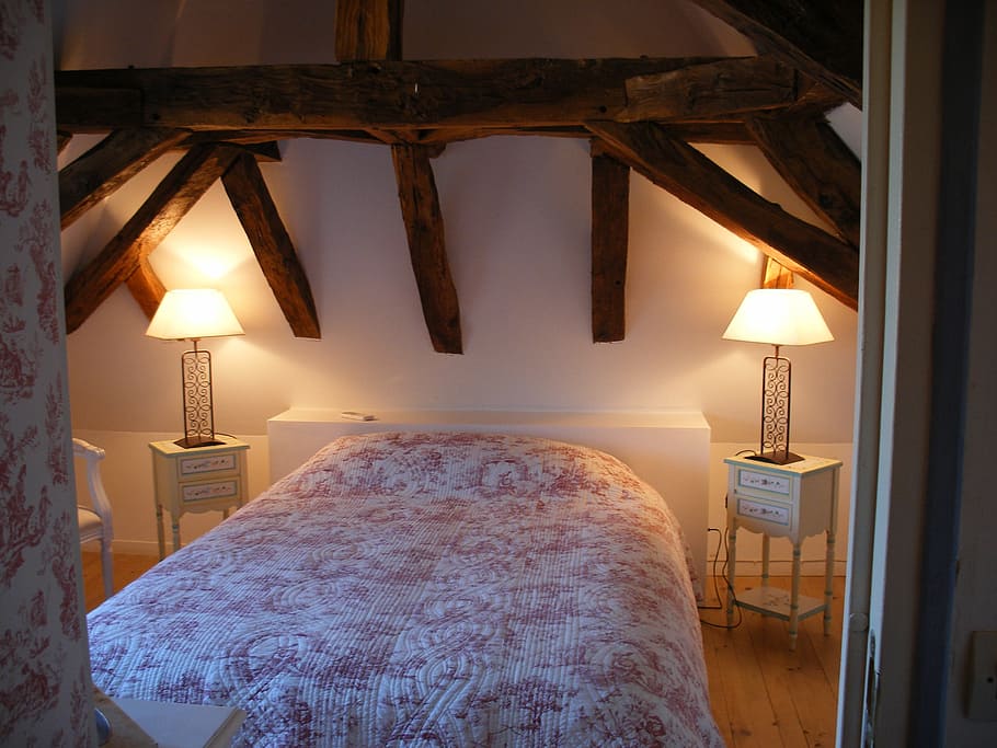 bedroom, rustic, eaves, interior, indoors, illuminated, lighting equipment HD wallpaper