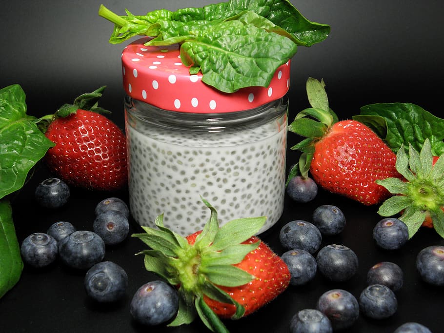jar, berries, food, strawberry, chia, red, blueberries, spinach, HD wallpaper