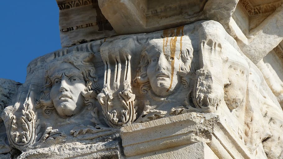 Roman, Stone, Old, Building, Head, facade, face, statue, no people HD wallpaper