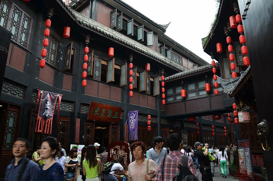 jin-li, old street, red lantern, the crowd, tourism, people, HD wallpaper