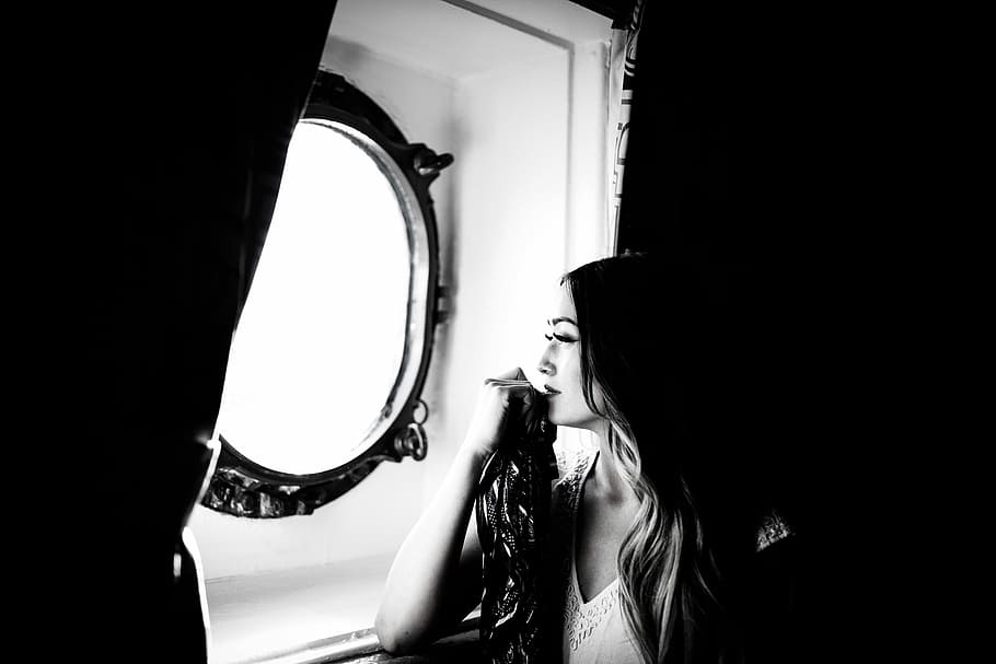grayscale woman looking outside window, woman looking at window HD wallpaper