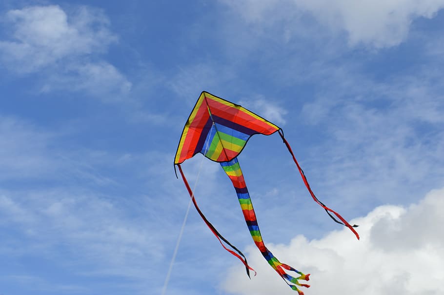 green, orange, and blue kite on sky, multi colored, low angle view HD wallpaper