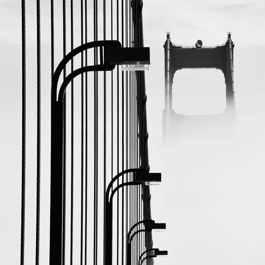 black and white abstract photo, bridge, mist, fog, cloud, architecture HD wallpaper