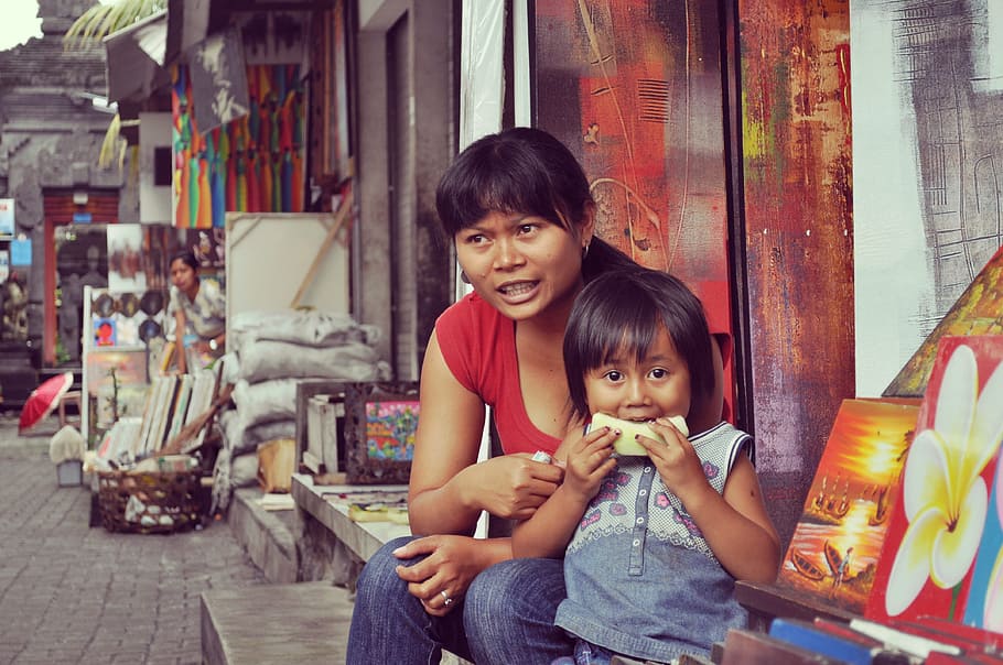 woman sitting on stair, mom, daughter, asian, family, mother