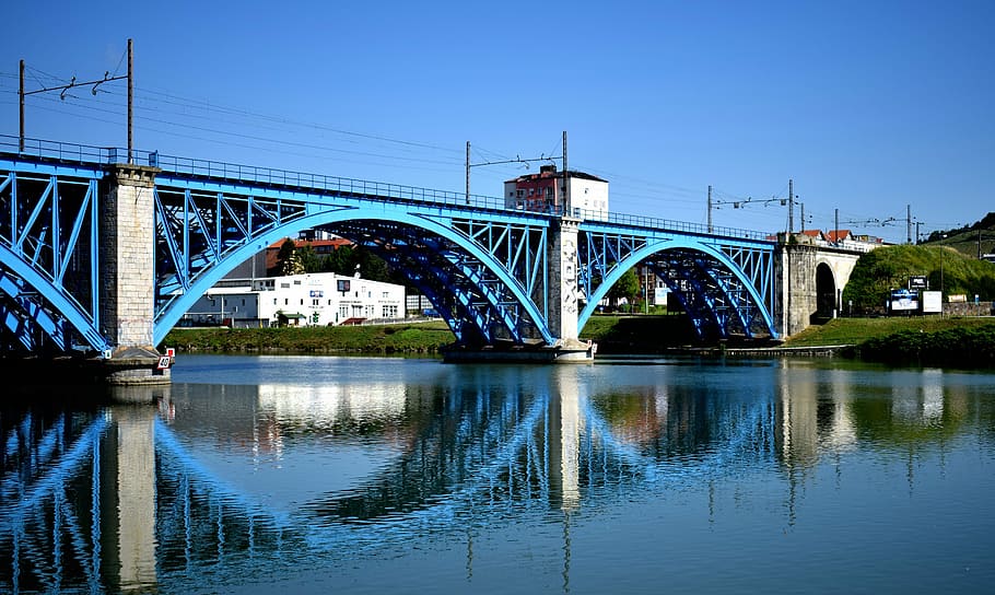 bridge, blue, reflection, river, architecture, city, travel HD wallpaper