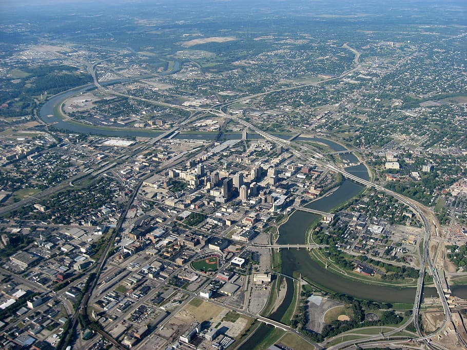 Aerial view of Downtown Dayton, Ohio, photos, public domain, United States