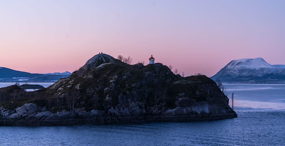 hill near body of water under white clouds, norway, coast, lighthouse HD wallpaper
