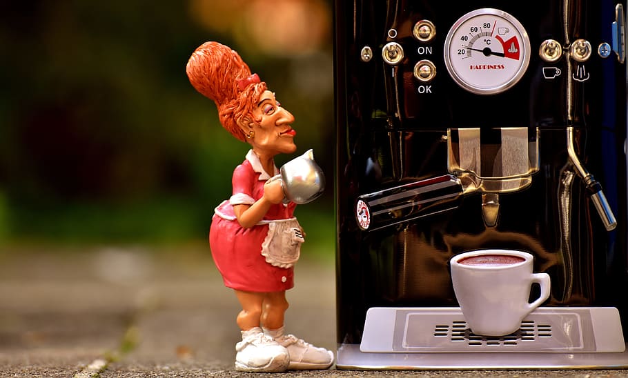 woman figurine holding pot beside espresso maker, coffee, waitress HD wallpaper
