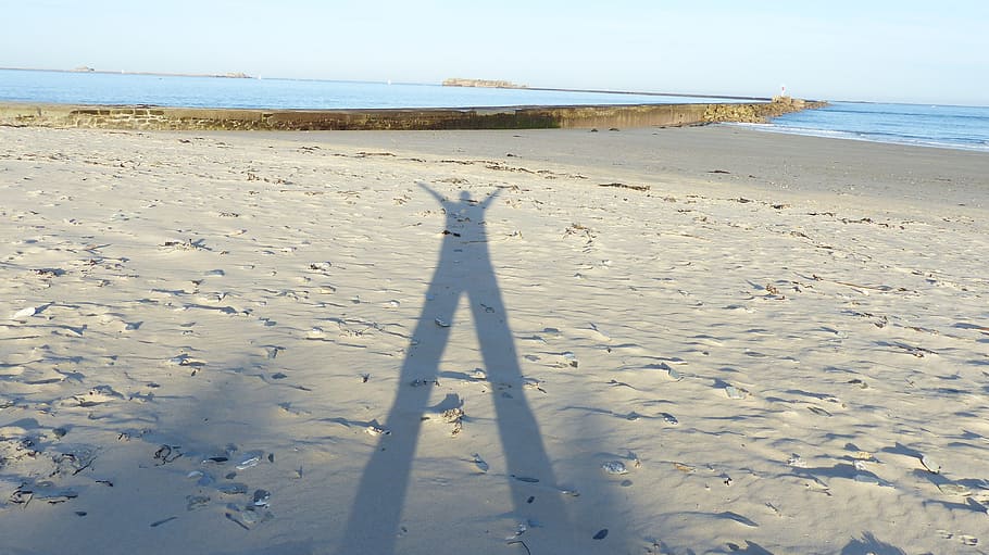 shadow man, human shadow in sand, shadow play, sea, beach, nature HD wallpaper