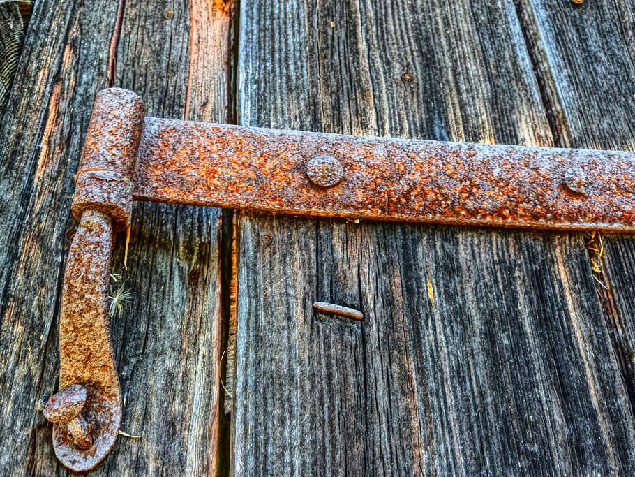 brown steel bracket, rusty, butt hinge, articulation, wood HD wallpaper