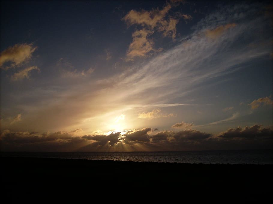 Sun, Sunset, Sea, Water, Clouds, abendstimmung, evening sky HD wallpaper