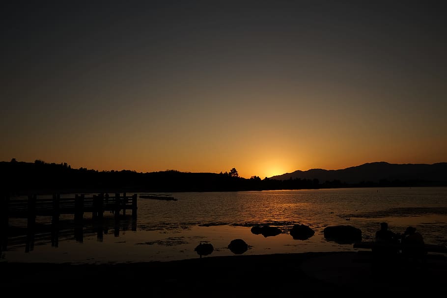 Sunset, Lake, Nature, Sky, Landscape, sunlight, silhouette HD wallpaper