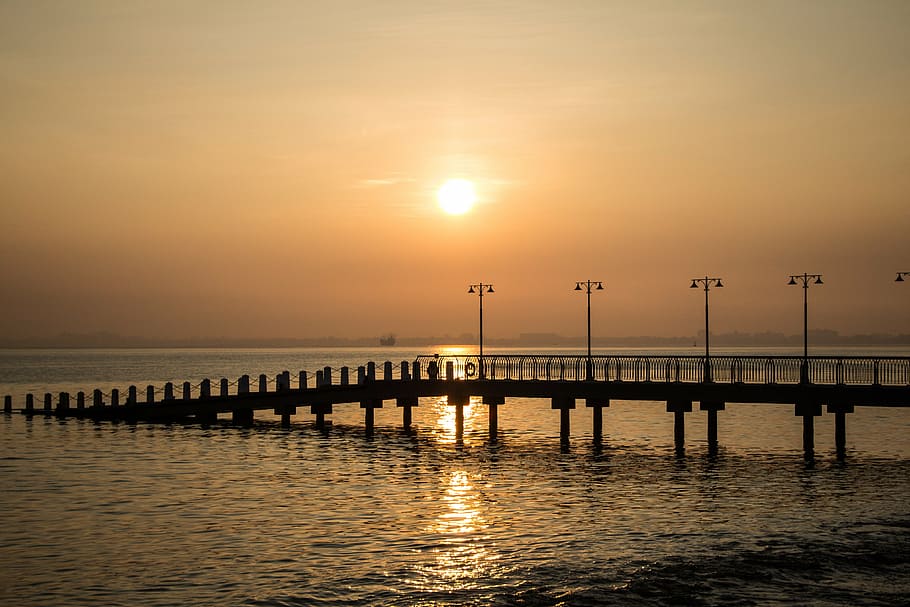 harbor, evening, sea, water, sky, sunset, beauty in nature HD wallpaper
