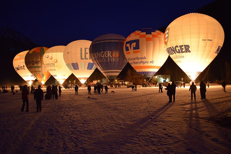horizontal, sky, human, balloon, winter, light, allgäu, balloon glow HD wallpaper