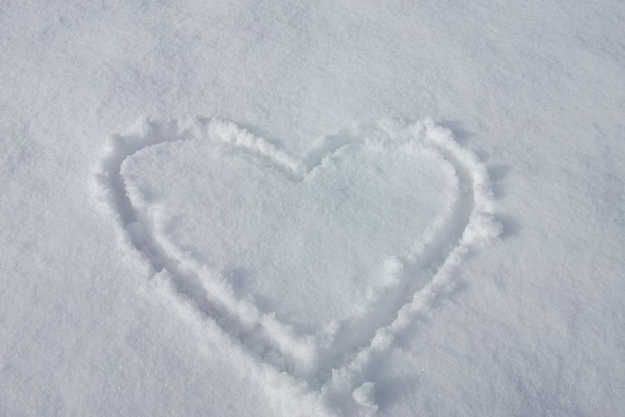 heart drawing on snowfield, love, snow heart, longing, winter
