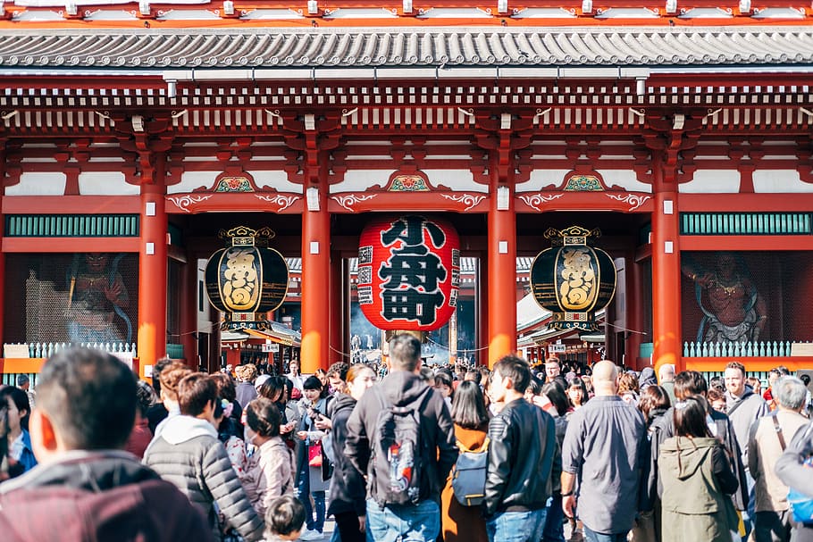 group of people standing near Chinese temple during daytime, people standing in front of store facade HD wallpaper