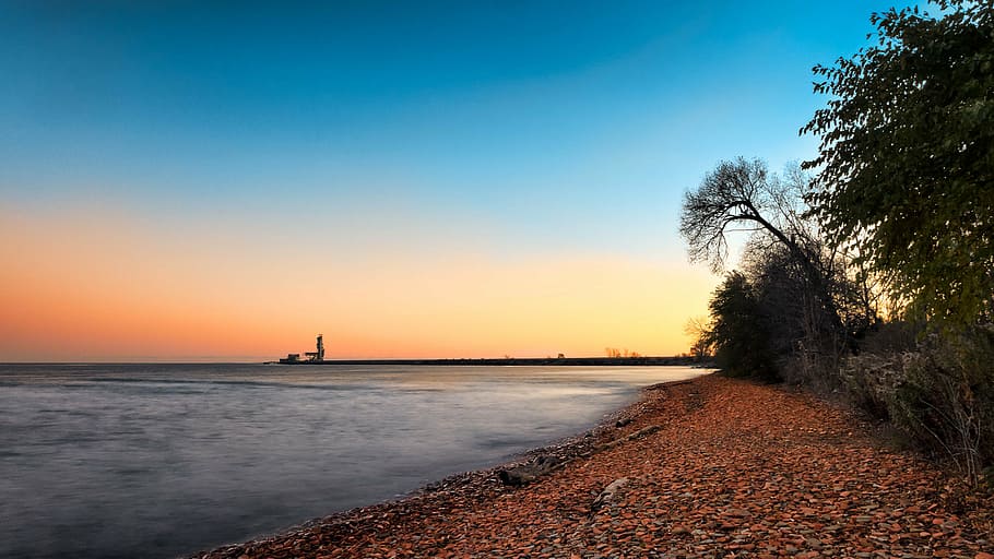 beach, dawn, dusk, ocean, pebbles, sand, sea, seascape, seashore HD wallpaper
