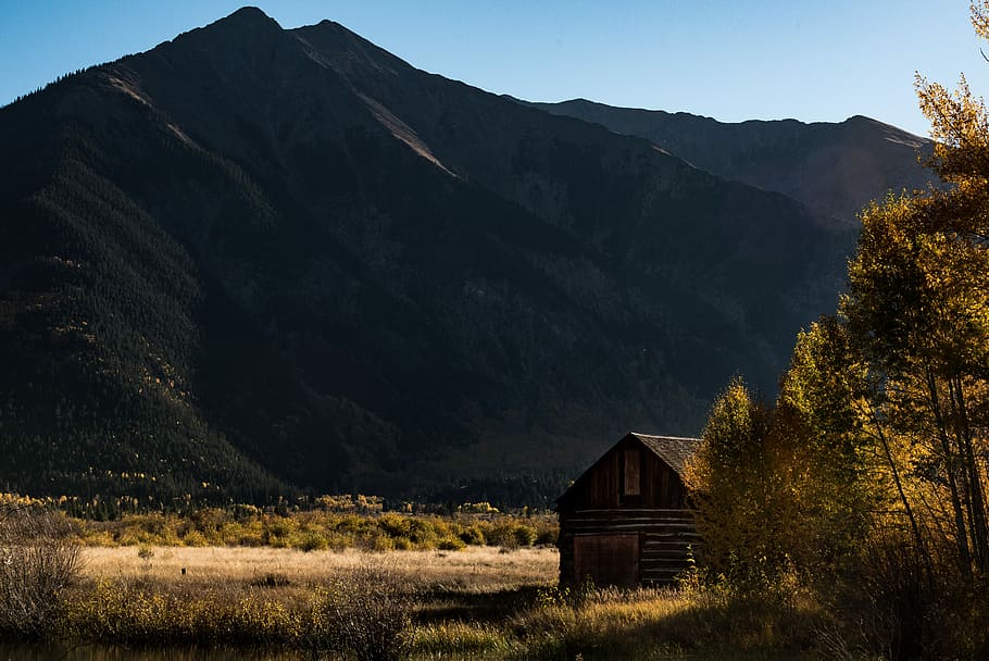brown wooden cabin near road, brown wooden house near trees and mountain at daytime HD wallpaper