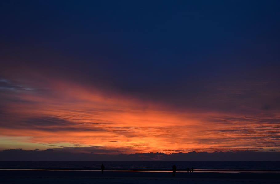 sunset, blue, orange, clouds, sky, evening sky, nature, abendstimmung HD wallpaper