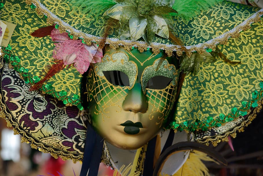 green and gold mask, venice, carnival, italy, venice - Italy, HD wallpaper