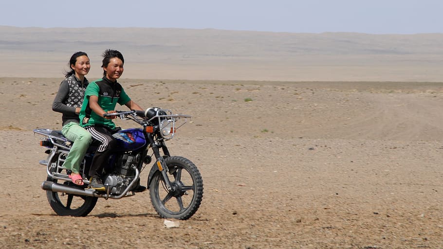 mongolia, joy, desert, youth, mobility, two people, motorcycle HD wallpaper