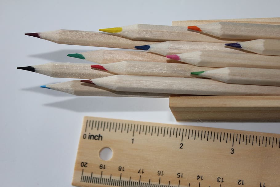 color pencil and ruler on white surface, Pencils, Case, Coloured HD wallpaper