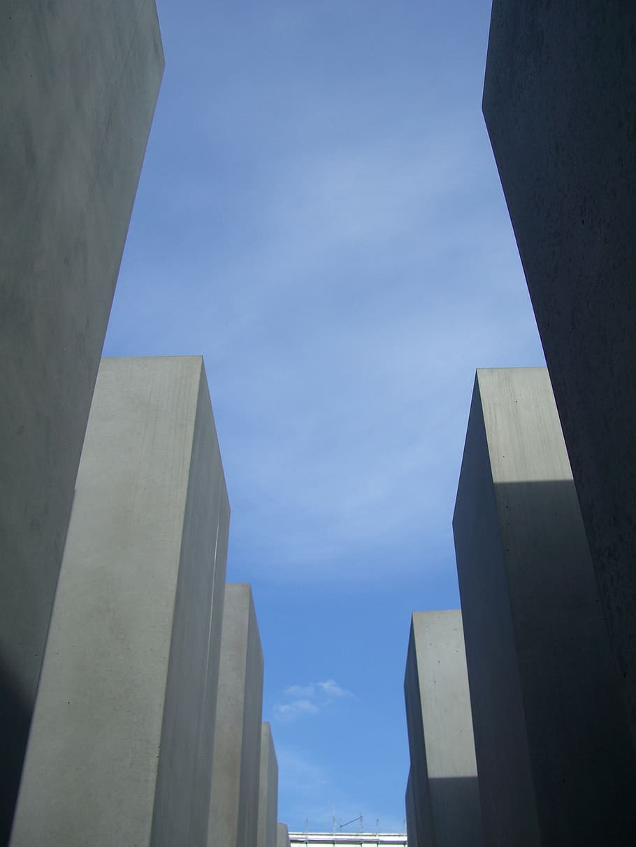 out, gray steles, sky, blue, berlin, architecture, built structure HD wallpaper
