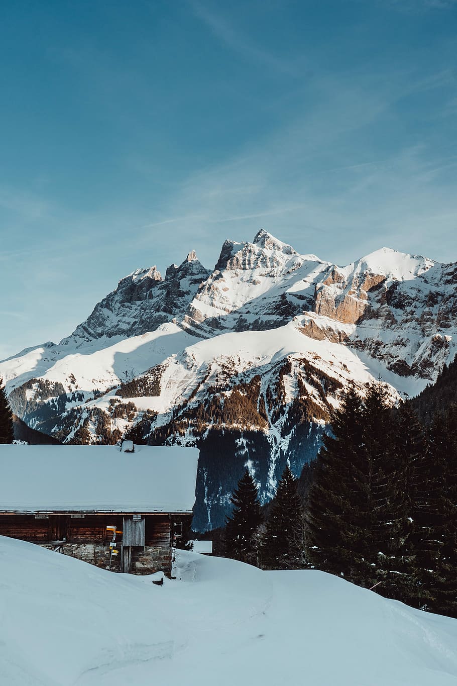 cabin and mountains covered with snow during daytime, snow mountains during daytime HD wallpaper