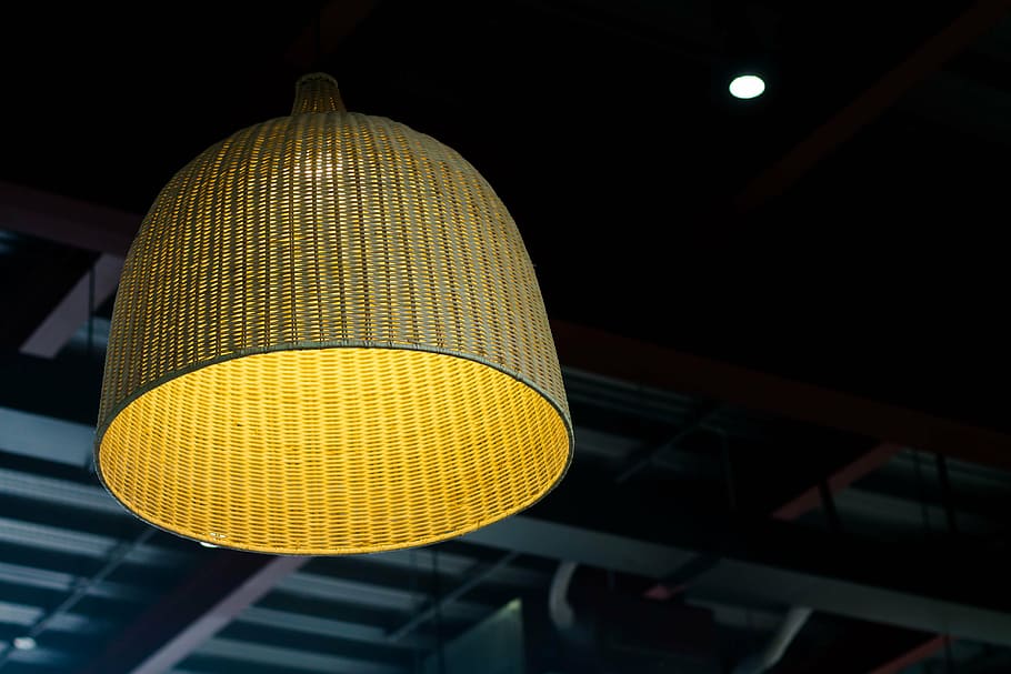 low light photography of lit beige pendant lamp, brown, dark HD wallpaper