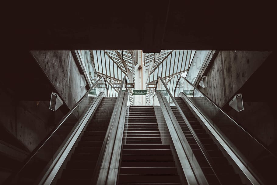 gray concrete staircase, turned off scalator, step, architecture HD wallpaper
