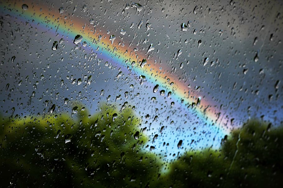 water drops on glass panel, rainbow, nature, weather, umbrella, HD wallpaper